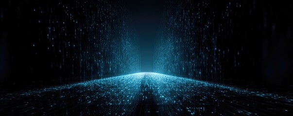 Futuristic digital tunnel or pathway with glowing blue particles, dark background