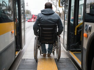 A person in a wheelchair enters a bus using a ramp. The view is from behind