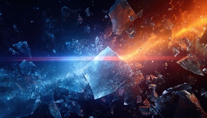 Abstract depiction of a fiery orange light cutting through cool blue shattered ice