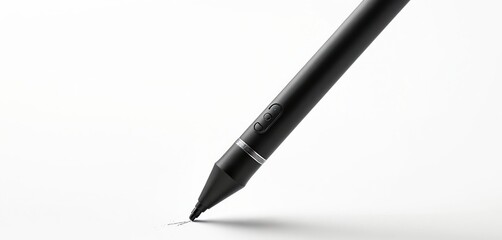 Black digital stylus pen creates line on white surface. Modern gadget for art, design, and work. Electronic tool with buttons for precise input. Used for drawing, writing, and digital tasks.