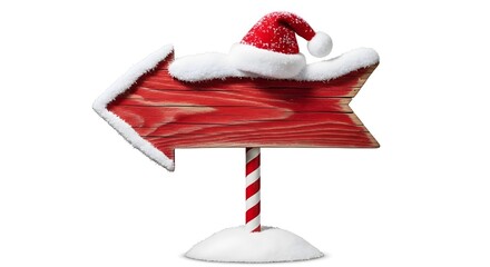 Festive red wooden arrow sign with Santa hat Christmas decoration pointing left isolated on white ba