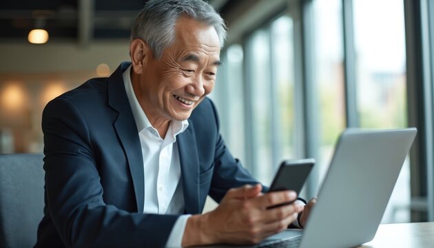 Smiling senior Asian businessman uses smartphone in modern office. Happy middle aged boss works on laptop computer with mobile phone at desk. Successful male ceo reads good news on cellphone, - Powered by Adobe