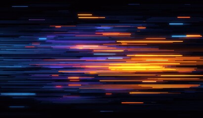 Abstract digital illustration featuring horizontal light streaks of blue, orange, and purple hues