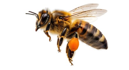 Honeybee in flight detailed macro shot on white showing pollen basket