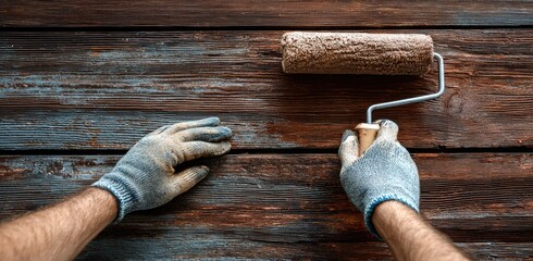 A person in gloves applying paint to wooden planks using a paint roller, DIY project in progress