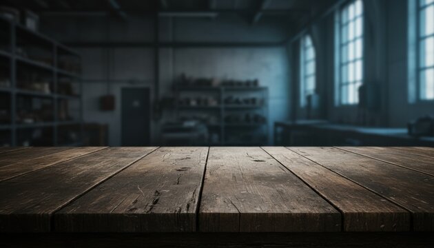 Empty rustic dark wooden table surface with a blurred industrial workshop background, perfect for product display mockup and copy space design.