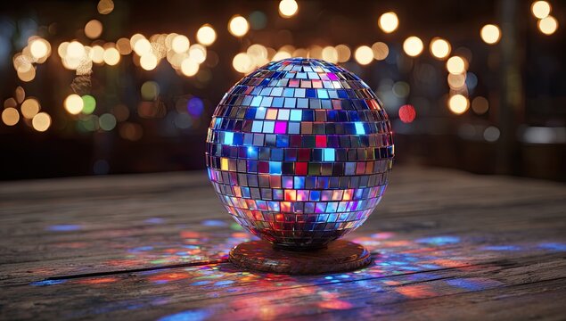Sparkling disco ball casting colorful reflections on a rustic wooden table at night