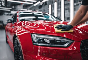A person with black gloves polishing the hood of a red sports car inside a bright garage