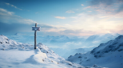 Solitary signpost standing in snowy mountain setting