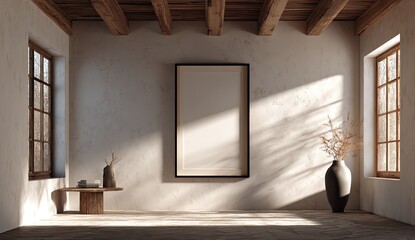 Interior room with blank art, rustic wooden ceiling, sunlit walls, two windows, and dark vase