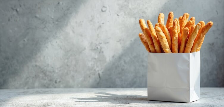 Crispy Italian grissini breadsticks in white paper bag. They stand on gray concrete texture surface. Soft natural light creates deep contrast, making them healthy organic food snack for any meal. - Powered by Adobe