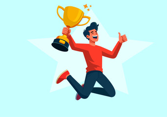 Illustration Excited Man Jumping and Holding Trophy