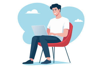Illustration Young Man Working Remotely on Laptop