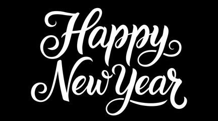 Elegant Happy New Year calligraphy on a black background, perfect for festive greeting cards and celebration designs. Vector illustration.