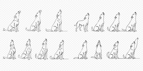 Continuous line art drawing of a dog or wolf howling in various sitting and standing poses, minimalist vector illustration set.
