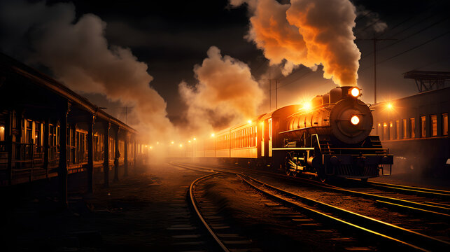 Steam rising from train tracks under glowing orange streetlights