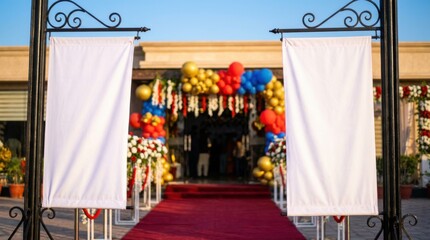 Blank Vertical Banners Mockup at Event Venue Entrance. Festive celebration backdrop with red carpet, colorful balloons, and floral arrangements for advertising display.