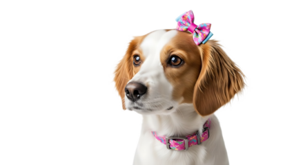 A dog with a pink bow on its head and a matching collar posing against a black background looking left