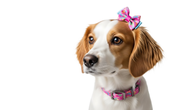 A dog with a pink bow on its head and a matching collar posing against a black background looking left