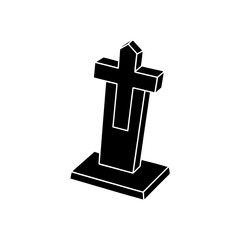 Minimalist black silhouette gravestone with cross design isolated