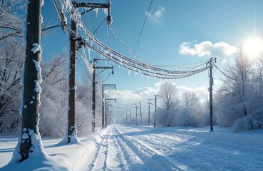 Obraz premium Snow covered rural landscape features electric power lines. Frost clings to trees and poles on cold day. Winter scene shows power supply with ice. Blue sky brightens snowy countryside road.