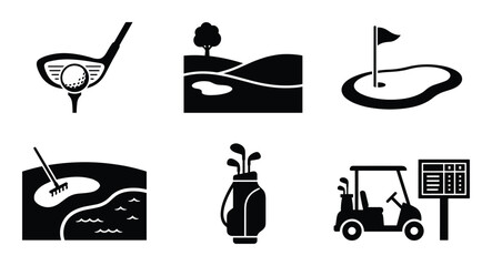 Set of golf icons with golf club ball field course flag bunker bag and cart