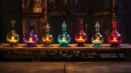 Tiered multicolor glass oil lamps placed on rustic table