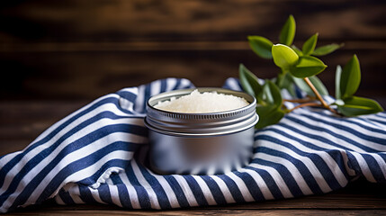Tin container deodorant placed next to striped napkin on rustic surface