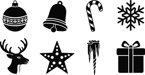 Christmas and Winter Holiday Vector Icon Set, Silhouette Ornament, Bell, Candy Cane, Snowflake, Reindeer, Star, Icicle, Gift, Festive Decoration Pack