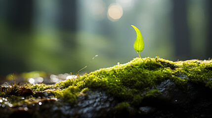 Tiny seedling sprouting from moss-covered stone in natural light