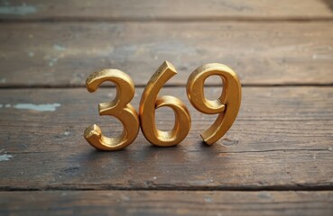 Golden colored number 369 laying on brown wooden floor planks. Shiny metal digits create conceptual vintage symbol, sign. Three six nine is luck number on wood background