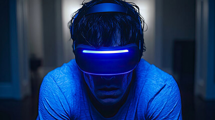 Close-up of person engrossed in futuristic virtual reality experience, illuminated by striking blue light of their advanced VR headset, symbolizing digital immersion and technological escapism