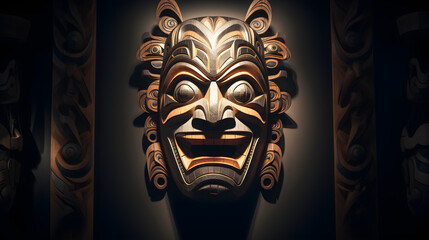 Tribal mask carving in dramatic museum lighting