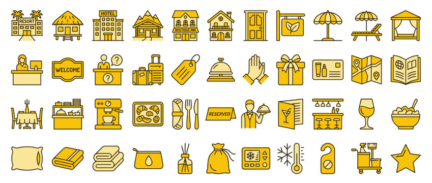 Hospitality and travel solid icon set. containing hotel, suitcas