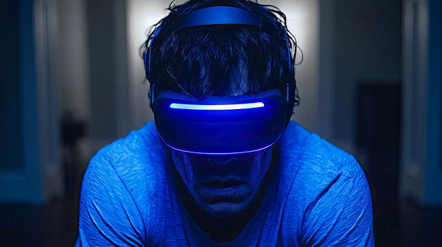 Close-up of person engrossed in futuristic virtual reality experience, illuminated by striking blue light of their advanced VR headset, symbolizing digital immersion and technological escapism