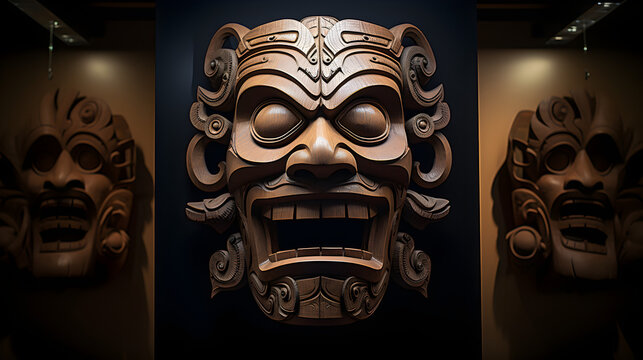 Tribal mask carving in dramatic museum lighting