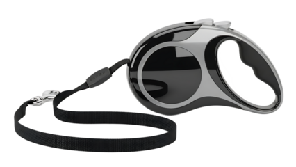 A close up shot of a black and gray retractable leash with a silver clip on a black background