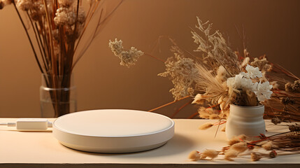 USB-C dock in white set on beige tray with dried florals