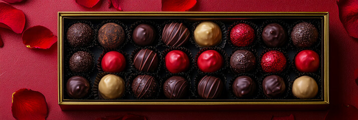 Luxurious golden box of assorted gourmet chocolates and truffles, presented on rich red background adorned with romantic rose petals, perfect for special Valentine's Day gift.