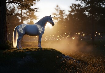 Glowing Unicorn on Forest Hill, Sun Rays and Mystical Light. Generative Ai