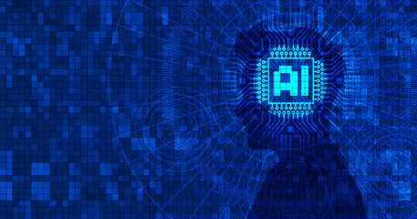 Vector abstract high technological dark blue banner. AI abbreviation. Artificial intelligence. Computer chip, pixels. Shadow of man. Technology