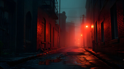 Urban alley with red fog glowing against damp pavement