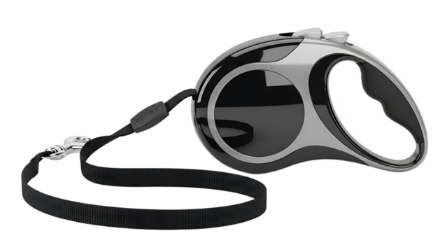 A close up shot of a black and gray retractable leash with a silver clip on a black background