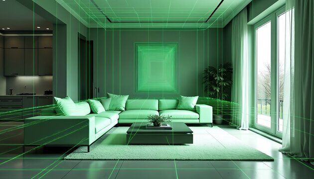 Living room scanned by green laser. Interior with furniture mapped. Technology measures space dimensions with laser beam. Data processing of interior in tech room. Modern living space, interior