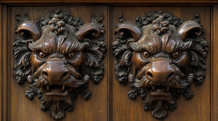 Symmetrical dark wooden carvings of menacing grotesque faces with intricate details adorning antique door, showcasing traditional craftsmanship and architectural artistry