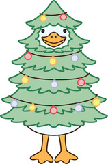 Happy goose or duck standing in Christmas tree costume and smiling with editable stroke thickness..Vector illustration