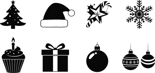 Christmas holiday vector icon set, black and white minimalist silhouettes of tree, Santa hat, candy cane, snowflake, ornament, gift, cupcake, festive decorations