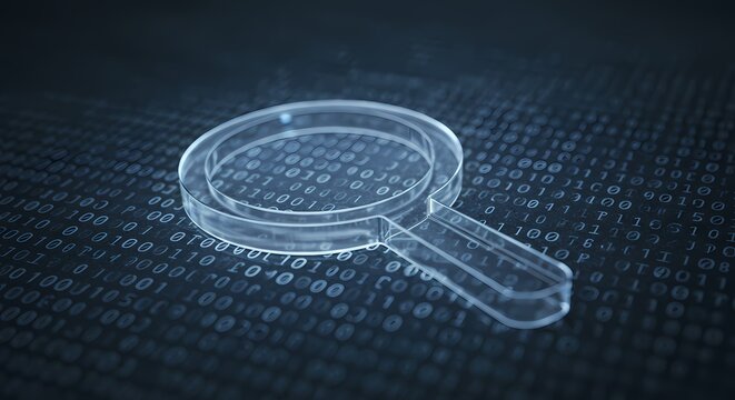Transparent magnifying glass overlaid on a digital binary code background, symbolizing data analysis