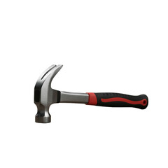 Shiny metal claw hammer with red and black handle on black background