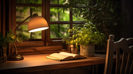 Warm-Tone LED Lamp on Wooden Desk with Greenery
